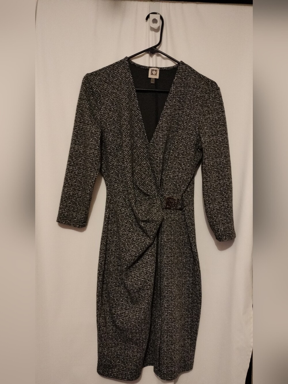 Anne Klein Black & White Tweed Wrap Dress Size 8 Wool-Blend 3/4 Sleeve